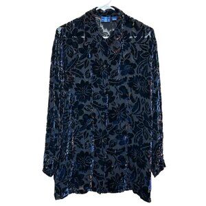 Pursuits Lld Black Floral Silk Velvet Long Sleeve Sheer Button Down Shirt Size L